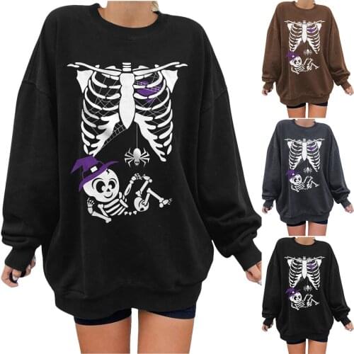 Women Long Sleeve Halloween Pullover T-shirt Round Neck Blouse Top Lovely Skeleton Printing Daily All-match Lovely Girl T-shirt