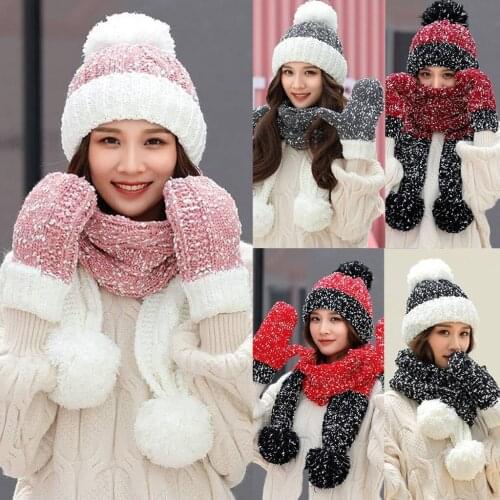 Woman Winter Hats Fashion Woolen Hat Scarf Gloves Set Sweet Girl Hat Scarfs Sets For Female Warm Knitted Hat 3pcs Mitten Gants