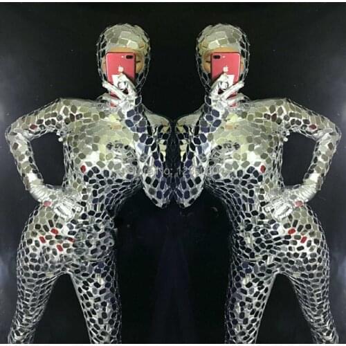 Silver mirror female bodysuit dj stage performance wears outfits bar jumpsuit tight robot women DS ballroom dance costumes club