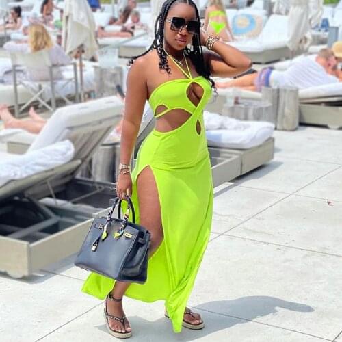 Women Halter Neck High Split Maxi Dress Sexy Cut Out Asymmetrical Backless Long Dresses 2021 Summer Casual Night Club Party Robe