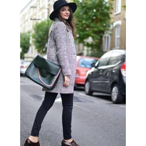 Women Winter Casual Long Sleeve Houndstooth Button Coat Gray Autumn, Outerwear Casual, Street, Outdoor