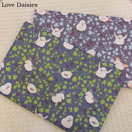 100% Cotton GRAY Cartoon Green Blue Leaves White Birds Fabrics for DIY Kids Sheet Cushion Apparel Dress Handwork Home Decor