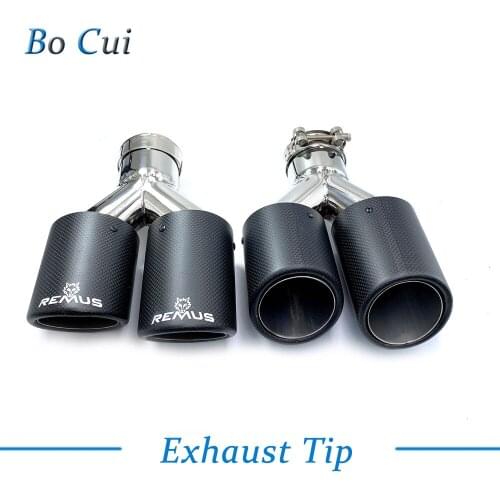 2PCS Universal Dual Matt Carbon Fiber Exhaust Tip Stainless Steel Exhaust Pipe Curly Muffler Tip With Remus Logo For Auto Cars
