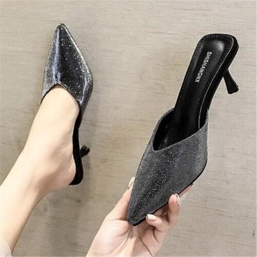 2020 New Summer Women Mules Slippers High Heels Pointed Toe Bling Fashion Sexy Ladies Women Shoes Gold Outside Slides Slippers