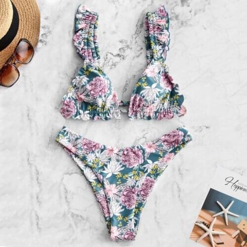 2021 new swimwear women swimsuit Flower Print High Cut V Neck Two Pieces Bikini Swimwear Swimsuit Beachwear biquini