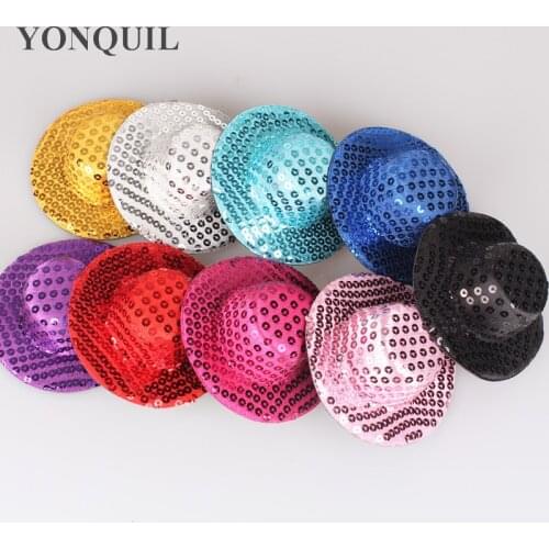 24PCS/LOT 10CM Mini Top Hat with Glitter Sequins Children Party Show Accessories Blingbling Small Fascinator Base 9Colors SYB18