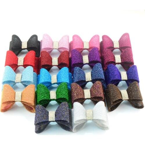 50pcs/lot 7.0*4.0cm Gold Dust Shiny Glitter Hard PVC 3D Bow Bowknot with Rhinestone Button Popular Headwear Accessories HDJ107