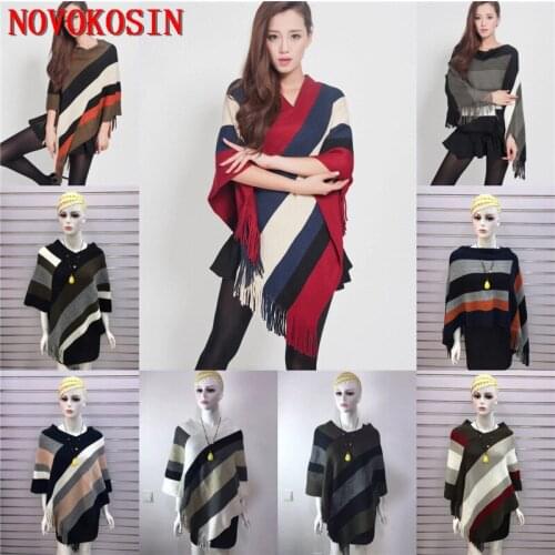 9 Color Plus Size Women Capes Loose Long Poncho 2021 Autumn Striped Knitted V Neck Outdoor Sweater Triangle Tassel Pullover Coat