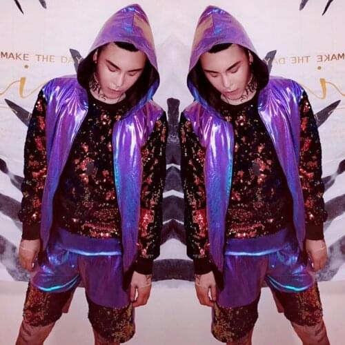 Shining Sequins Vest Purple Faux Leather Jacket Shorts Men 3 Piece Set Nightclub DJ Rock Singer HIP HOP Costume Bar Stage Outfit