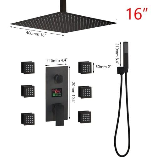 JIENI 16 Inch 3-way Black Shower Faucets Set Rainfall Shower Head Digital Temp Display Mixer Tap Swivel Tub Sho