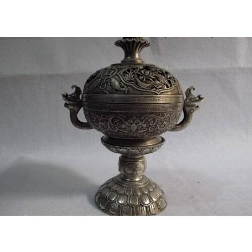 Chinese pure bronze silver-gilt foo dog fish lotus flower censer incense burner