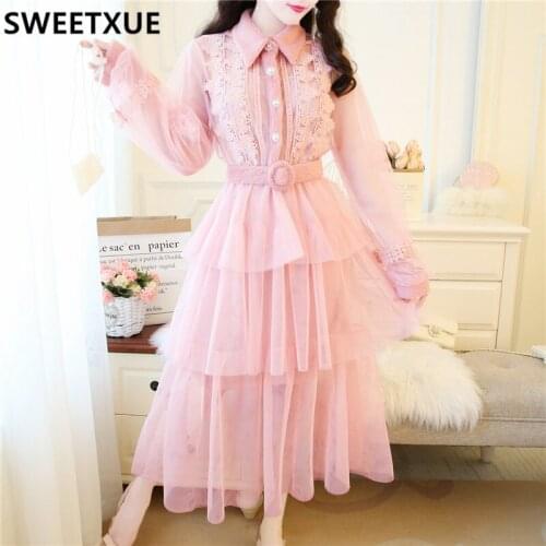 SWEETXUE 2021 Sweet Lace Chain Link Flower Long Dress Women Mink Hair Stitching Mesh Lapel Cake Dress + Belt Ladies Vestidos
