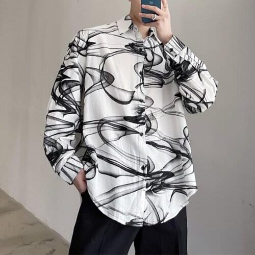 Mens Fashion Long Sleeve Loose Printed Shirt Youth Spring Casual Party Tops F48