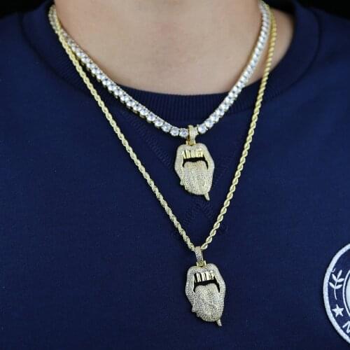 Iced out Men boy hip hop lip pendant necklace with gold color money tongue charm with 5mm cz tennis chain rope chain necklace