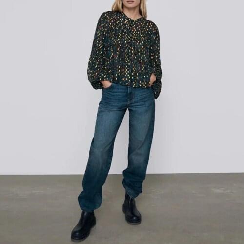 Latest design ladies print shirt lantern sleeve casual fashion blouse streetwear clothing