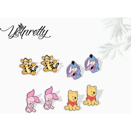 2021 New Kawaii Pooh Bear and Friends Piglet Tigger Eeyore Epoxy Handcraft Acrylic Stud Earrings for Kids