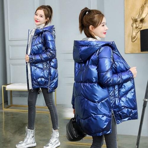 2021 New Winter Jacket Parkas Women Glossy Down Cotton Jacket Hooded Parka Warm Female Cotton Padded Jacket Casual Outwear P985