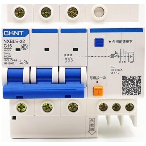 New CHINT Residual Current Circuit Breaker NXBLE-32 3P 30mA C6A 10A 16A 20A 25A 32A Circuit breaker Replace DZ47LE-32 3P RCBO
