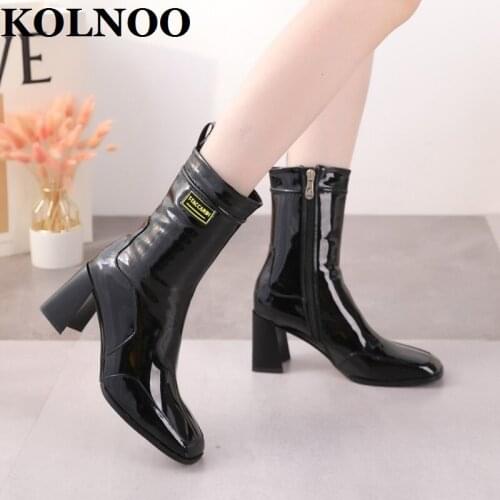 KOLNOO New Arrival Style Womens Handmade Thick Heels Boots Genuine Leather Party Prom Ankle Booties Evening Fashion Winter Shoes