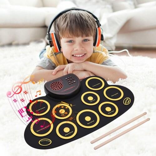 Portable Roll-up Electronic Drum Pad Silicon Digital Drum 9 Demo Songs 10 Rhythms Record 3.5mm Microphone Input Headphone