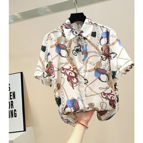 Chain Printing Chiffon Shirt Women Tops 2021 Summer New Short Sleeve Button Up Shirt Retro Joker Woman Shirts