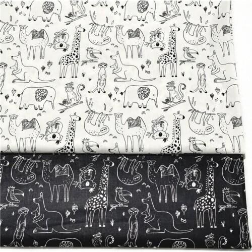 Pretty Black White Animals World Elephant Monkey Giraffe Printed Cotton Fabric 50x160cm Animal Fabric Patchwork for Cloth