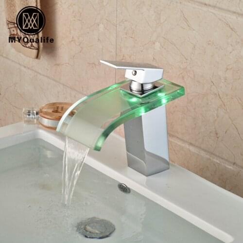 Deck Mount Wide Glass Waterfall Basin Faucet Single Handle Square LED Light Bathroom Sink Mixer Water Taps