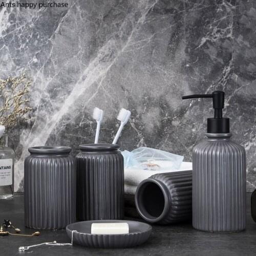Dark Gray Ceramic Bathroom Supplies Wash Set Bathroom 5-piece Set Toiletries Lotion Bottle Toothbrush Holder Mouth Cup Soap Dish