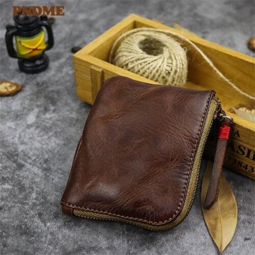 PNDME vintage high quality soft genuine leather mens womens small wallets handmade simple cowhide coin zipper luxury purse