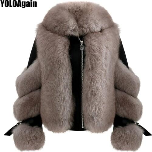 YOLOAgain Women Turn-down Collar Real Fox Fur Jacket Coat Genuine Leather