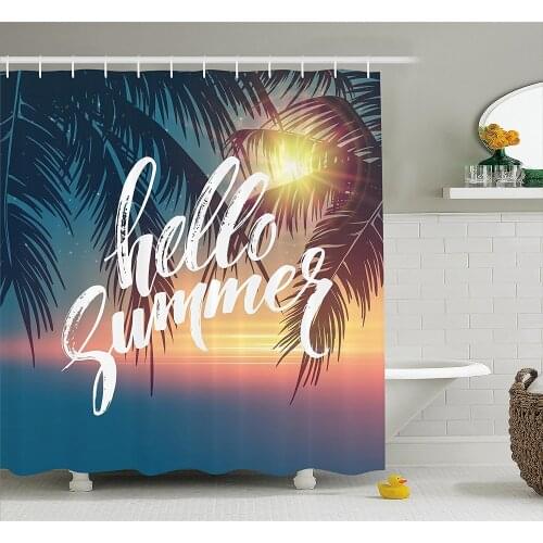 Palm Tree Shower Curtain Hello Summer Design a Tropic Paradise Beach and The Sunshine Pattern Print Bathroom Waterproof Curtains