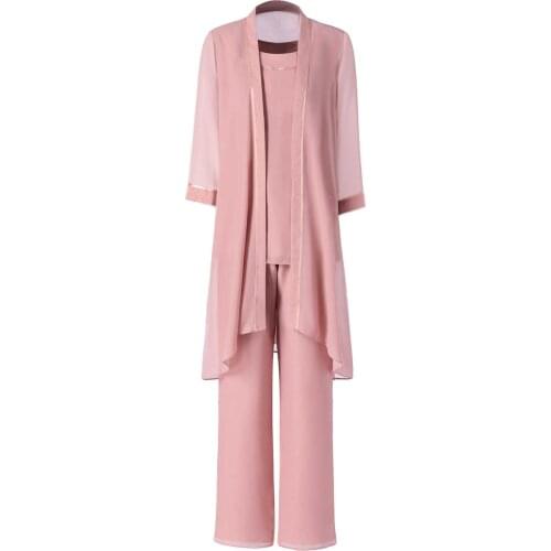 Womens Chiffon Mother of The Bride pant suits 2021 Pants Suits Plus Size 3 Pieces jacket outfit Long sleeves for wedding dress