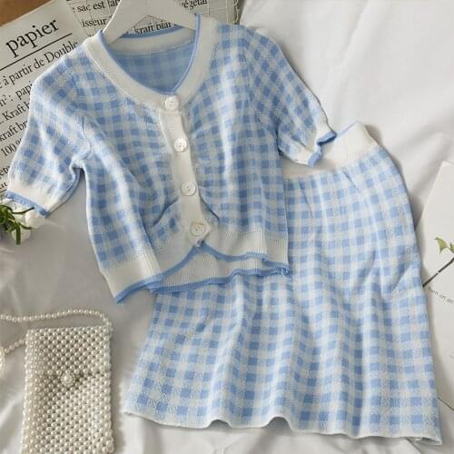 Plaid Slim Dress Sets Women 2021 Summer Pleated Single Breasted Short Sleeve Slim Knit V-neck Crop Top and High Waist Mini Skirt