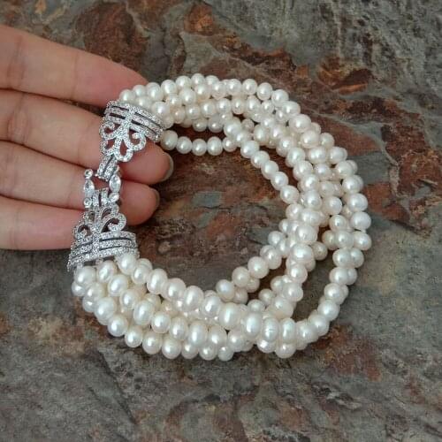8" 7 strands White freshwater Pearl Bracelet Cz Clasp