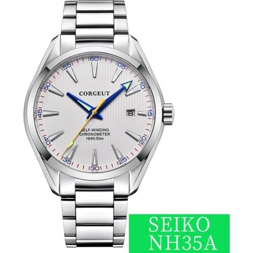 CORGEUT Top Luxury Brand 41mm Men Watch White Dial Date Calendar Automatic Mechanical Sapphire crystal Leather Wristwatch Men