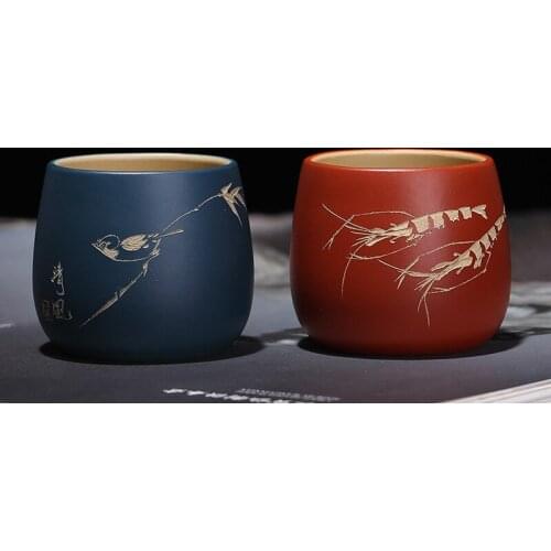 PINNY 110ML Yixing Purple Clay Hand Portrayed Teacups Natural Ore Hand Carved Master Cup Purple Sand Tea Bowl Tea Cup