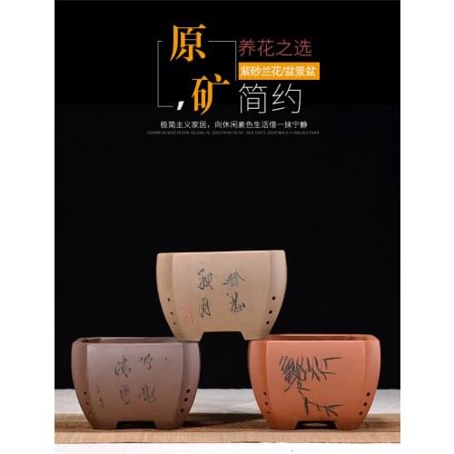 Exquisite Purple Clay Square Orchid Pot Fortune Tree Clivia Plant Old Pile Potted Desktop Decoration