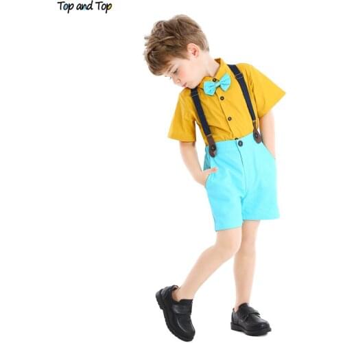Top and Top Fashion Baby Boys Kids Gentleman Outfits Short Sleeve Bow Tie Shirt+Suspender Short Pants Children Boys Clothes Sets