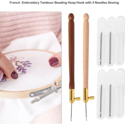 Embroidery Wooden Handle Crochet Hook with 3 Needles Crochet Sewings Craft Embroidery Beading Hoop Sewing Tool Set DIY Craft
