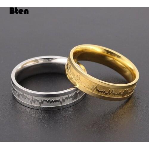 Bten Fashion Gold/Silver Color Stainless Steel Couple Rings For Women Men 4/6mm Wide Heartbeat Finger Ring Valentines Day Gift