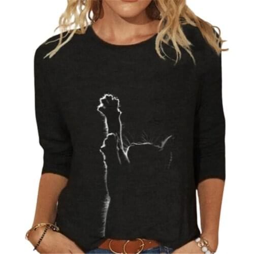 Plus Size 4XL Artistic Cute Cat 3D Printed Tee Shirt Women Top O-Neck Black Blue Long Sleeve Spring Casual Loose Female T-shirt