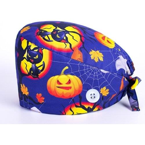 Unisex Adjustable Working Scrub Cap with Protect Ears Button Electrocardiogram Embroidery Floral Print