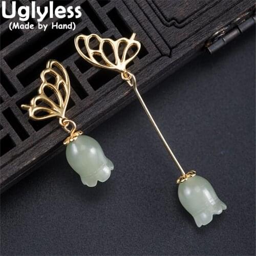 Uglyless Gold Hollow Butterfly Earrings for Women Asymmetric Jade Flowers Earrings 925 Silver Insects Brincos Lily of the valley
