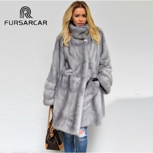 FURSARCAR Luxury Winter Real Mink Fur Coat Women 90 CM Length Genuine Mink Fur High Quality Coat With Fur Collar for Female