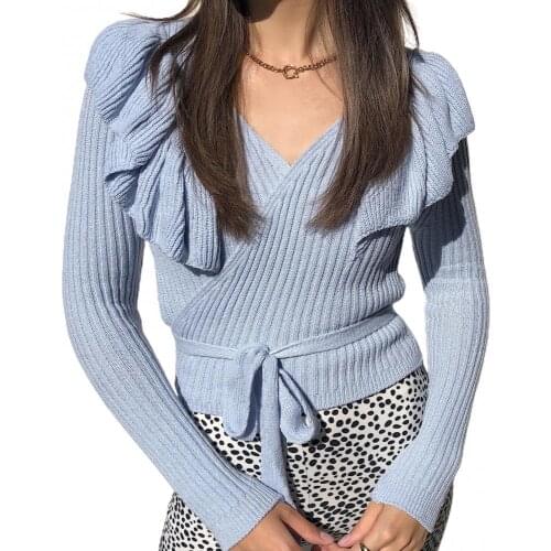 2021 Spring/Autumn Women Sweater Fashion V Neck Long Sleeve Ruffles Slim-fit Knitted Sweater Bandage Pullover