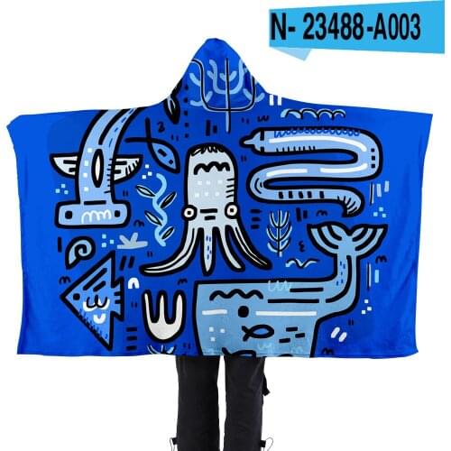 Marine Animal Q Printing Pattern Home Wearing Cape Hooded Lazy Blanket Flannel Hooded Blanket Sofa Office Nap Heating Warm Cape