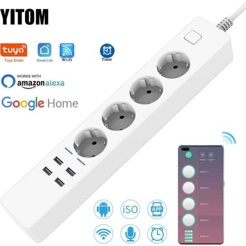 Smart Power Strip Wifi 4 EU Outlets Plug 4 USB Charging Port Timing App Voice Control Work with Alexa Google Home Assistant