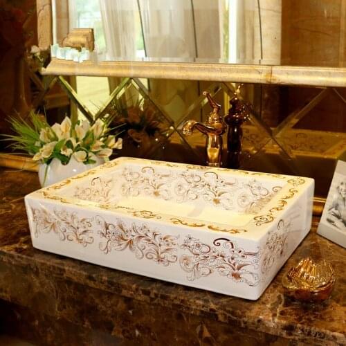 Bathroom Lavabo Ceramic Counter Top Wash Basin Cloakroom Hand Painted Vessel Sink fancy wash basin Rectangular