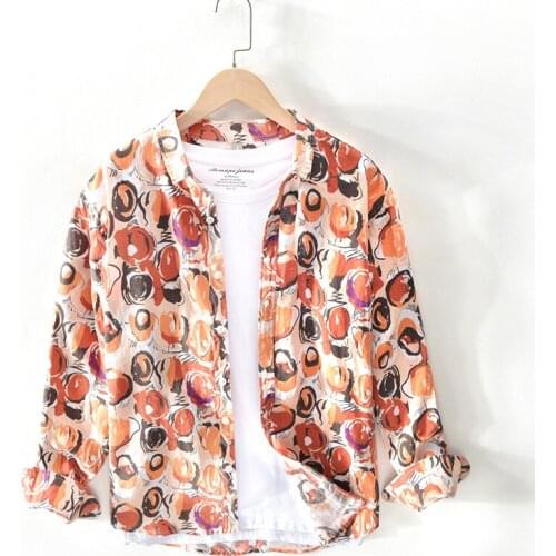 High Quality Floral Printed 100% Linen Shirt Men Long-sleeved Casual Flax Hawaiian Shirt Shirts Turn Down Collar Camisas TS-681