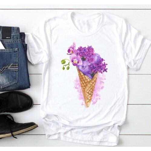 Women Ice Cream Flower Floral Short Sleeve Fashion Cartoon Summer Graphic T Top Lady Print Tee Female Tshirts Clothes T-Shirt